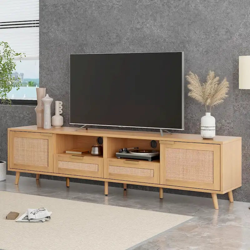 Wood Rattan Farmhouse TV Stand with 2 Cabinets, 2 Open Shelves and Solid Wood Legs for 1 Person, Fits TVs up to 85"