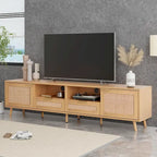 Wood Rattan Farmhouse TV Stand with 2 Cabinets, 2 Open Shelves and Solid Wood Legs for 1 Person, Fits TVs up to 85"