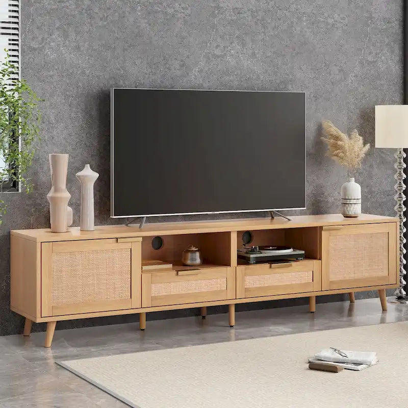 Wood Rattan Farmhouse TV Stand with 2 Cabinets, 2 Open Shelves and Solid Wood Legs for 1 Person, Fits TVs up to 85"