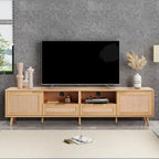 Wood Rattan Farmhouse TV Stand with 2 Cabinets, 2 Open Shelves and Solid Wood Legs for 1 Person, Fits TVs up to 85"