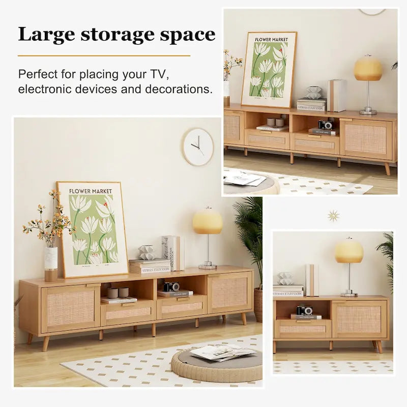 Wood Rattan Farmhouse TV Stand with 2 Cabinets, 2 Open Shelves and Solid Wood Legs for 1 Person, Fits TVs up to 85"