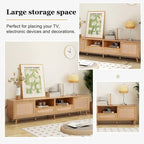Wood Rattan Farmhouse TV Stand with 2 Cabinets, 2 Open Shelves and Solid Wood Legs for 1 Person, Fits TVs up to 85"