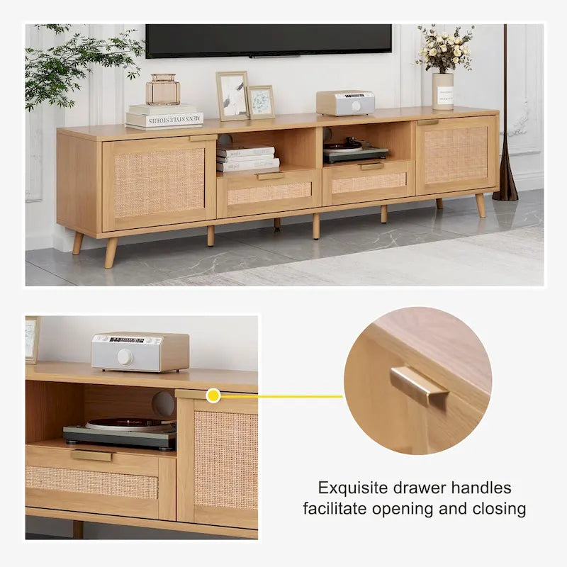 Wood Rattan Farmhouse TV Stand with 2 Cabinets, 2 Open Shelves and Solid Wood Legs for 1 Person, Fits TVs up to 85"