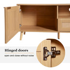 Wood Rattan Farmhouse TV Stand with 2 Cabinets, 2 Open Shelves and Solid Wood Legs for 1 Person, Fits TVs up to 85"