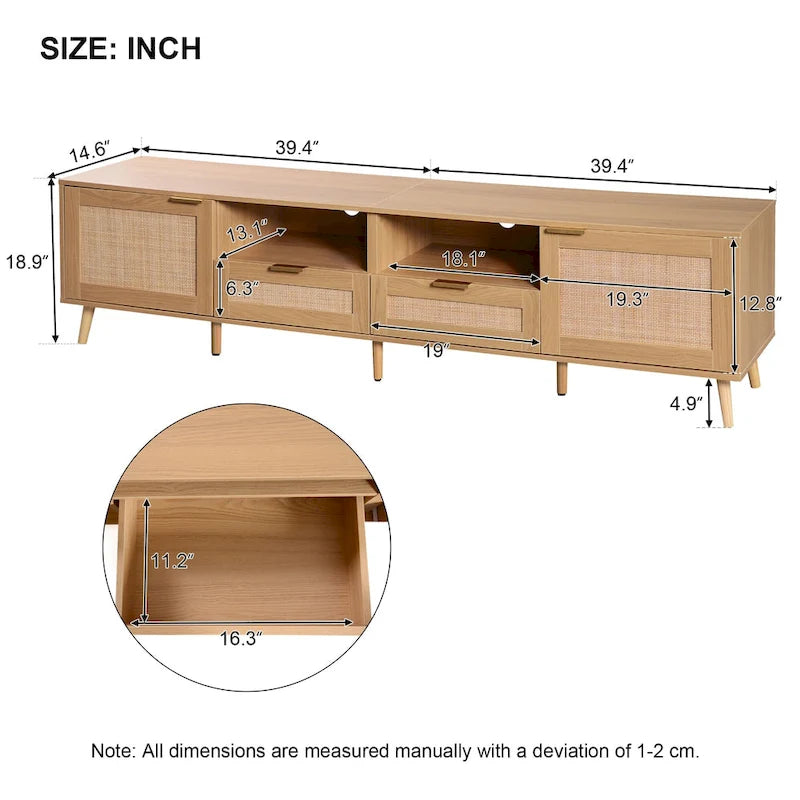 Wood Rattan Farmhouse TV Stand with 2 Cabinets, 2 Open Shelves and Solid Wood Legs for 1 Person, Fits TVs up to 85"