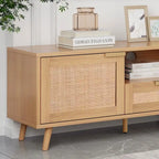 Wood Rattan Farmhouse TV Stand with 2 Cabinets, 2 Open Shelves and Solid Wood Legs for 1 Person, Fits TVs up to 85"