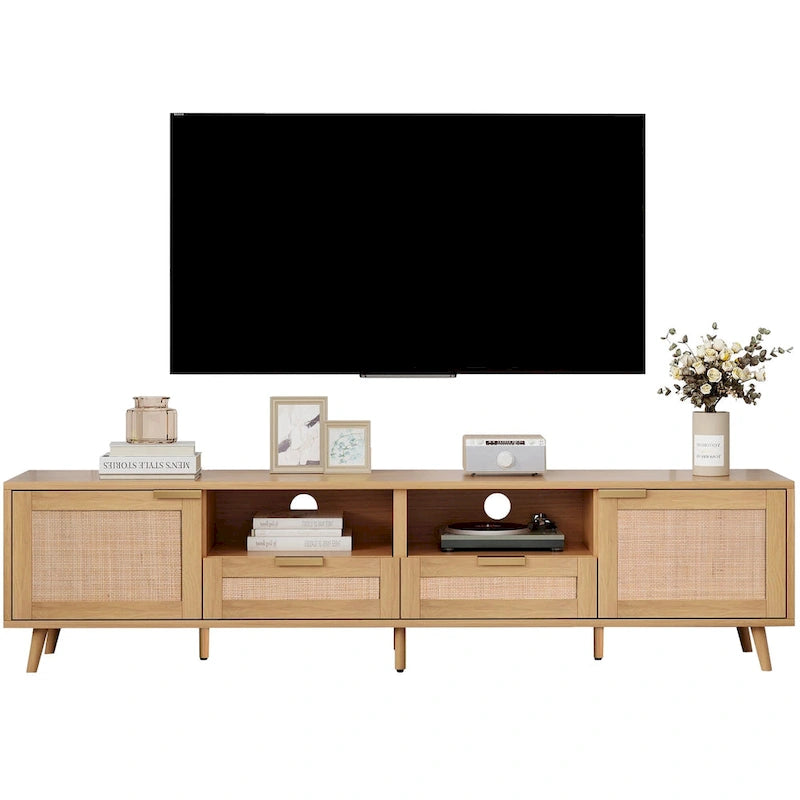 Wood Rattan Farmhouse TV Stand with 2 Cabinets, 2 Open Shelves and Solid Wood Legs for 1 Person, Fits TVs up to 85"