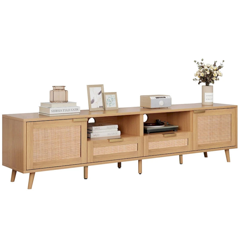 Wood Rattan Farmhouse TV Stand with 2 Cabinets, 2 Open Shelves and Solid Wood Legs for 1 Person, Fits TVs up to 85"