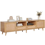 Wood Rattan Farmhouse TV Stand with 2 Cabinets, 2 Open Shelves and Solid Wood Legs for 1 Person, Fits TVs up to 85"