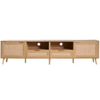 Wood Rattan Farmhouse TV Stand with 2 Cabinets, 2 Open Shelves and Solid Wood Legs for 1 Person, Fits TVs up to 85"