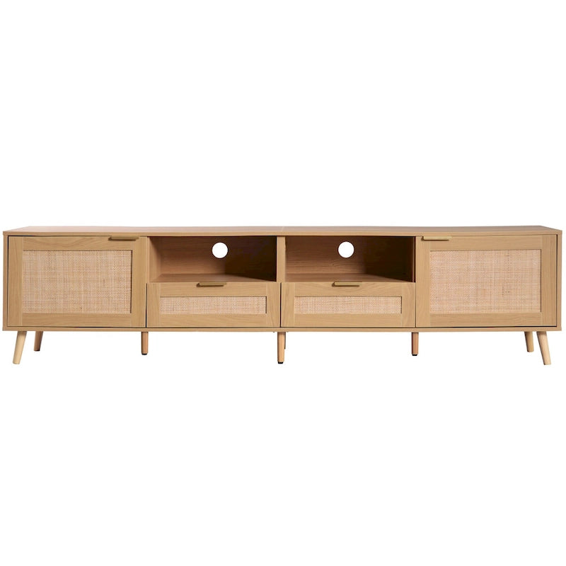 Wood Rattan Farmhouse TV Stand with 2 Cabinets, 2 Open Shelves and Solid Wood Legs for 1 Person, Fits TVs up to 85"
