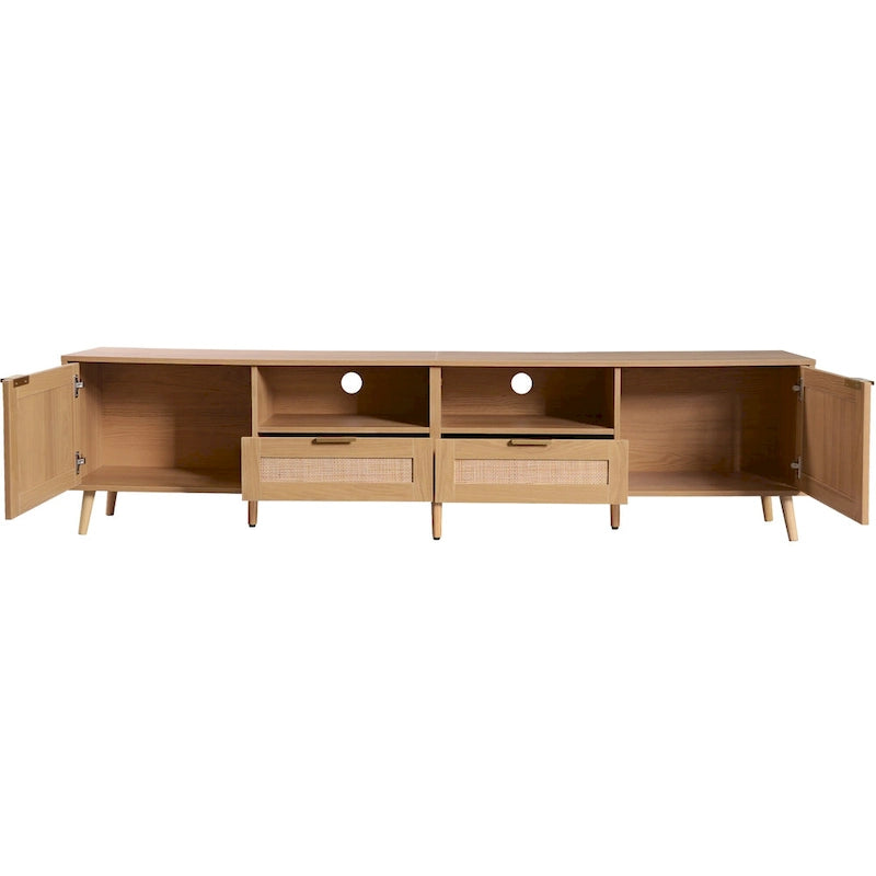 Wood Rattan Farmhouse TV Stand with 2 Cabinets, 2 Open Shelves and Solid Wood Legs for 1 Person, Fits TVs up to 85"