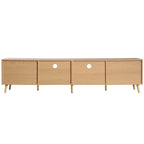 Wood Rattan Farmhouse TV Stand with 2 Cabinets, 2 Open Shelves and Solid Wood Legs for 1 Person, Fits TVs up to 85"