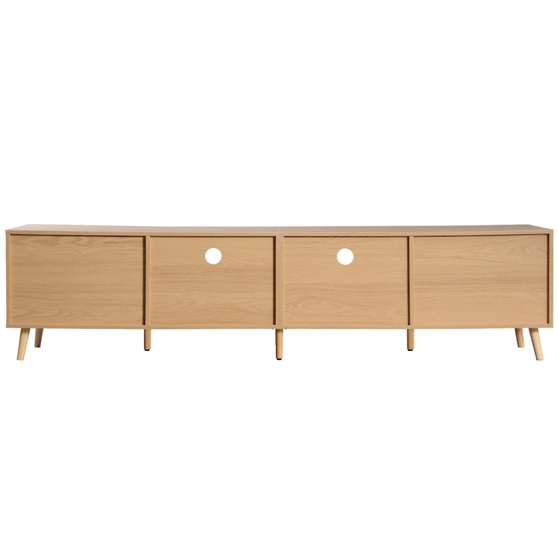 Wood Rattan Farmhouse TV Stand with 2 Cabinets, 2 Open Shelves and Solid Wood Legs for 1 Person, Fits TVs up to 85"