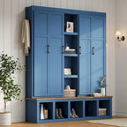 4-in-1 Hall Tree with 6 Hanging Hooks, Entryway Shoe Cabinet with Open Compartments, Wood Bench with Multiple Storage Space