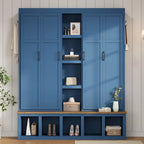 Black / White / Blue Farmhouse Hall Tree with Shoe Cabinet, Bench, Hooks and Open Shelves for 1–2 Person
