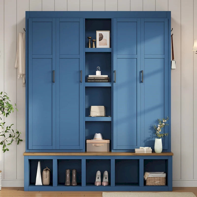 Black / White / Blue Farmhouse Hall Tree with Shoe Cabinet, Bench, Hooks and Open Shelves for 1–2 Person