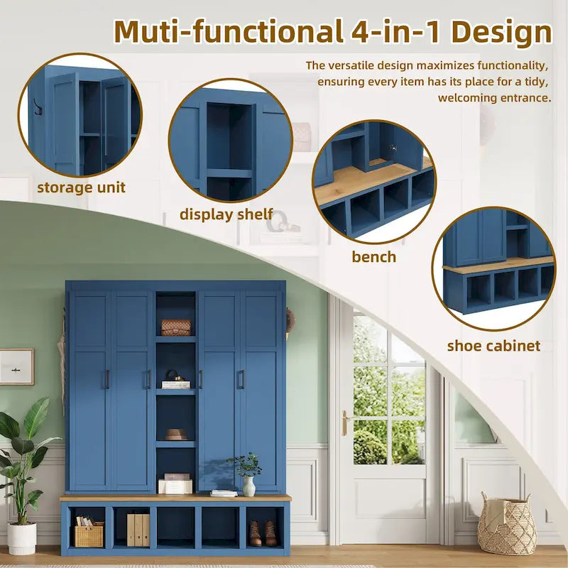 Black / White / Blue Farmhouse Hall Tree with Shoe Cabinet, Bench, Hooks and Open Shelves for 1–2 Person