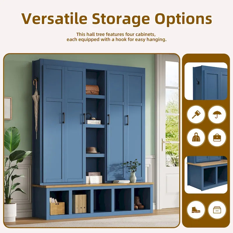 Black / White / Blue Farmhouse Hall Tree with Shoe Cabinet, Bench, Hooks and Open Shelves for 1–2 Person