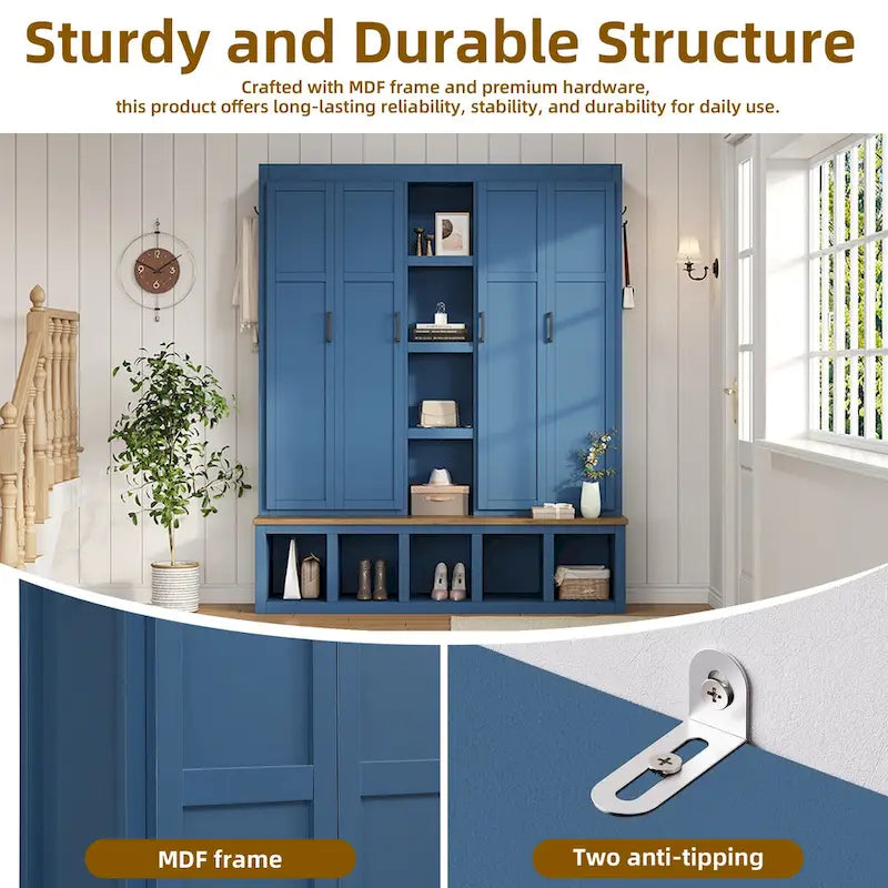 Black / White / Blue Farmhouse Hall Tree with Shoe Cabinet, Bench, Hooks and Open Shelves for 1–2 Person