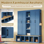 Black / White / Blue Farmhouse Hall Tree with Shoe Cabinet, Bench, Hooks and Open Shelves for 1–2 Person