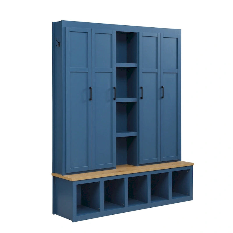 Black / White / Blue Farmhouse Hall Tree with Shoe Cabinet, Bench, Hooks and Open Shelves for 1–2 Person
