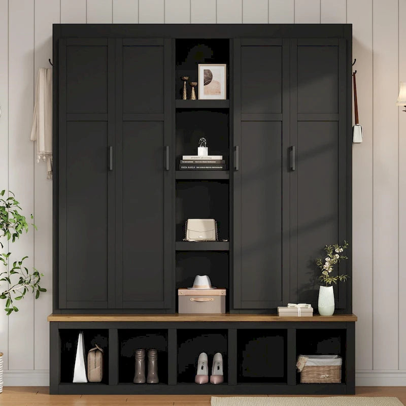 Black / White / Blue Farmhouse Hall Tree with Shoe Cabinet, Bench, Hooks and Open Shelves for 1–2 Person