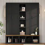 Black / White / Blue Farmhouse Hall Tree with Shoe Cabinet, Bench, Hooks and Open Shelves for 1–2 Person