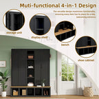 Black / White / Blue Farmhouse Hall Tree with Shoe Cabinet, Bench, Hooks and Open Shelves for 1–2 Person