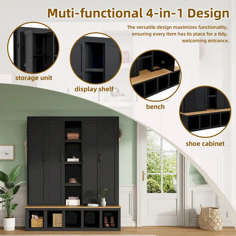 Black / White / Blue Farmhouse Hall Tree with Shoe Cabinet, Bench, Hooks and Open Shelves for 1–2 Person