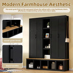 Black / White / Blue Farmhouse Hall Tree with Shoe Cabinet, Bench, Hooks and Open Shelves for 1–2 Person