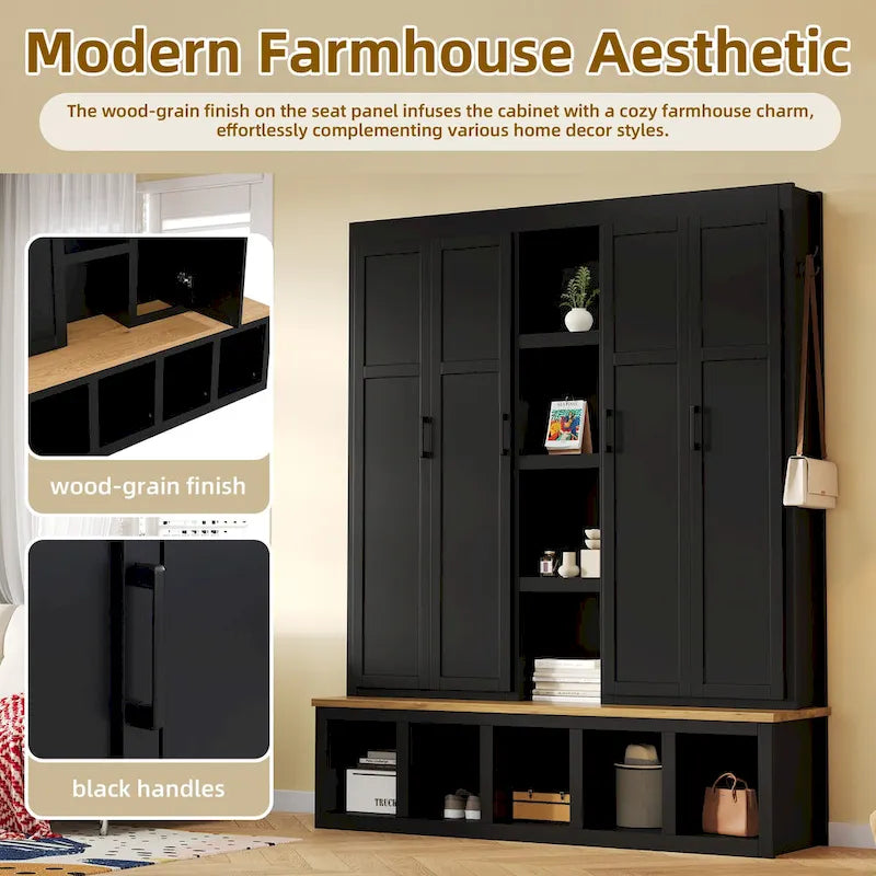 Black / White / Blue Farmhouse Hall Tree with Shoe Cabinet, Bench, Hooks and Open Shelves for 1–2 Person