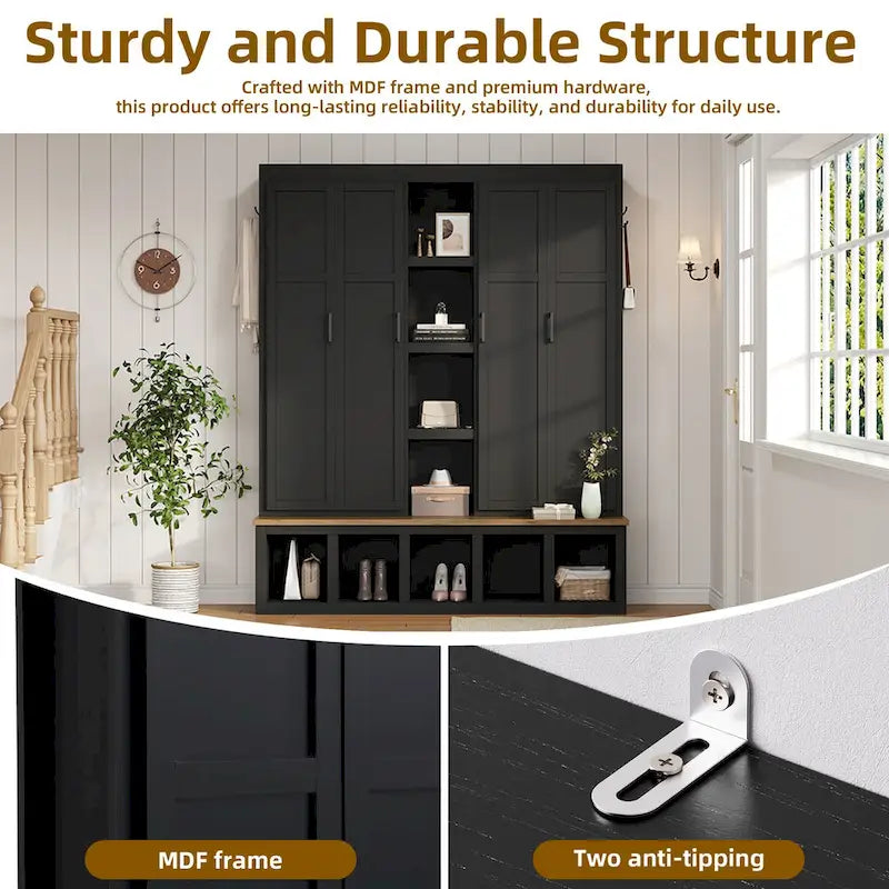 Black / White / Blue Farmhouse Hall Tree with Shoe Cabinet, Bench, Hooks and Open Shelves for 1–2 Person