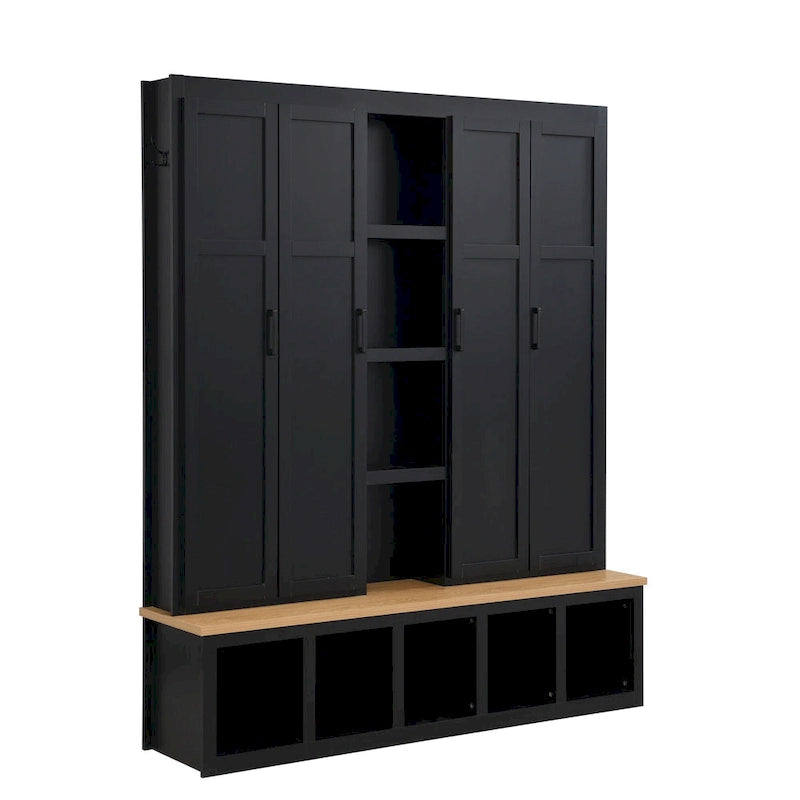 Black / White / Blue Farmhouse Hall Tree with Shoe Cabinet, Bench, Hooks and Open Shelves for 1–2 Person