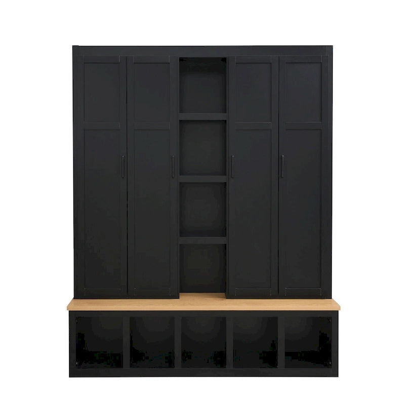 Black / White / Blue Farmhouse Hall Tree with Shoe Cabinet, Bench, Hooks and Open Shelves for 1–2 Person