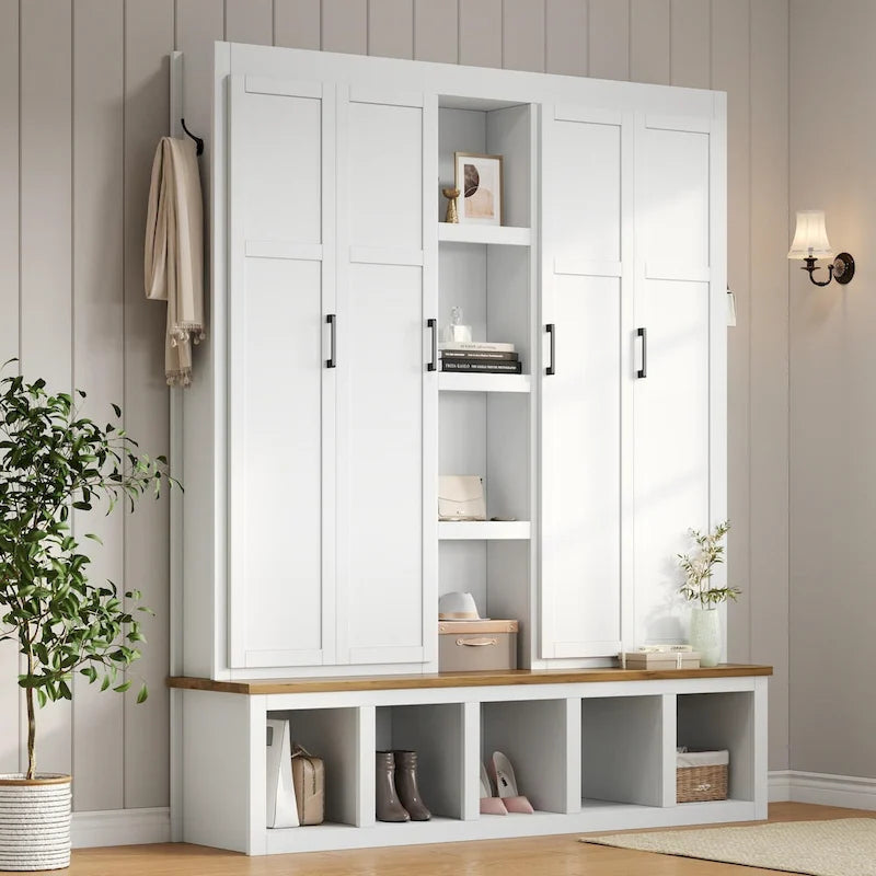 Black / White / Blue Farmhouse Hall Tree with Shoe Cabinet, Bench, Hooks and Open Shelves for 1–2 Person