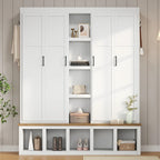 Black / White / Blue Farmhouse Hall Tree with Shoe Cabinet, Bench, Hooks and Open Shelves for 1–2 Person