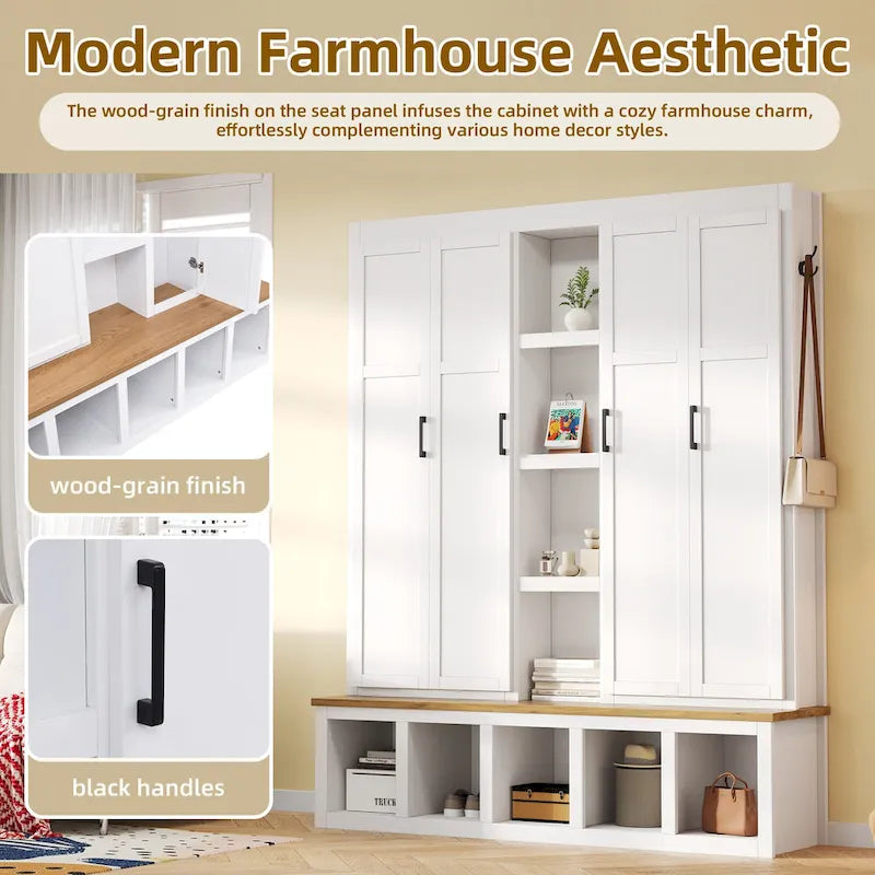 Black / White / Blue Farmhouse Hall Tree with Shoe Cabinet, Bench, Hooks and Open Shelves for 1–2 Person