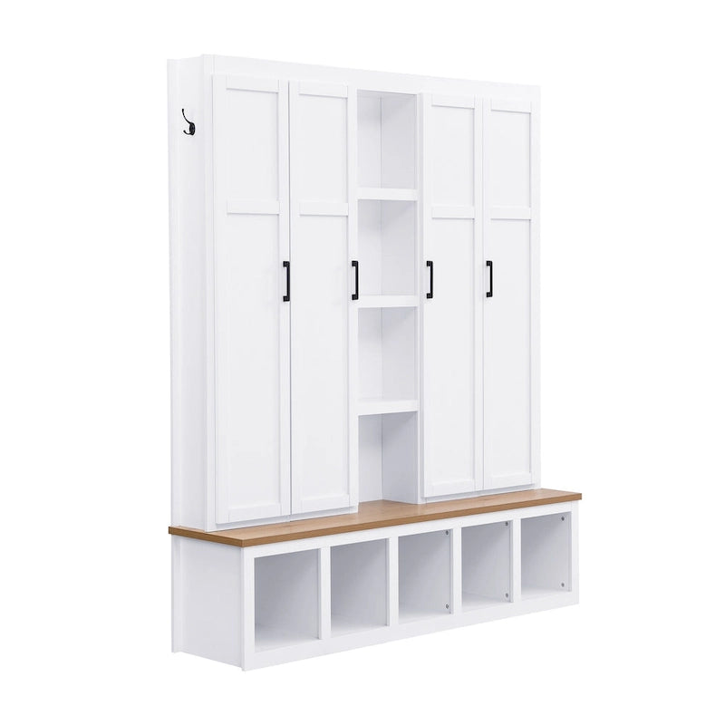 Black / White / Blue Farmhouse Hall Tree with Shoe Cabinet, Bench, Hooks and Open Shelves for 1–2 Person