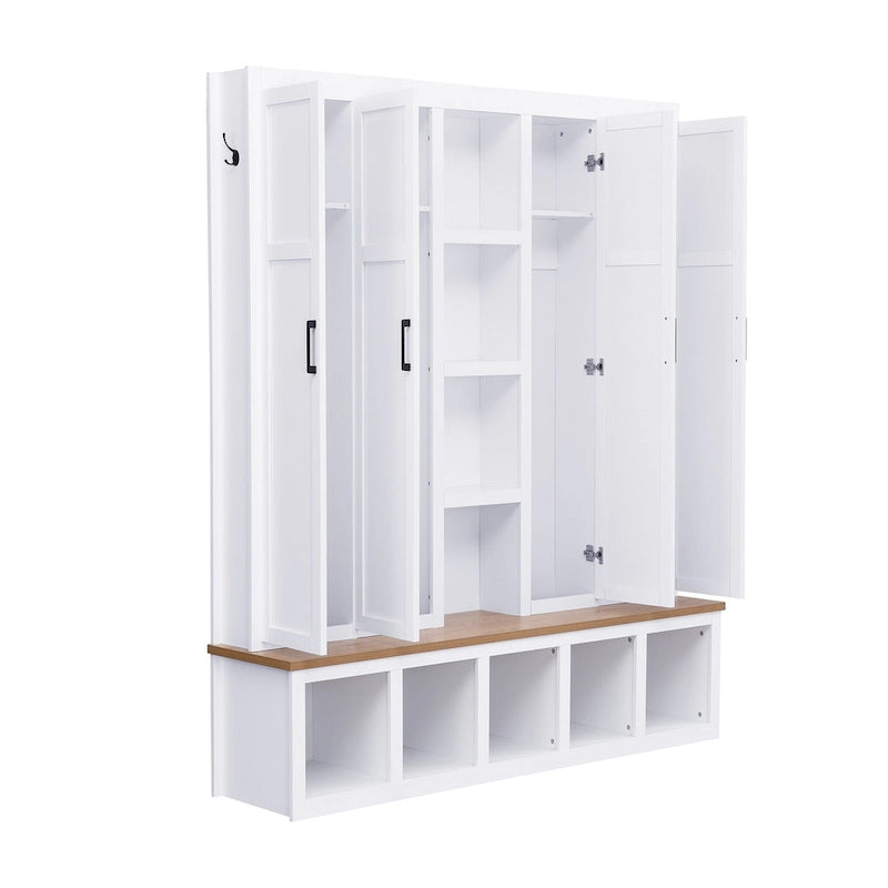 Black / White / Blue Farmhouse Hall Tree with Shoe Cabinet, Bench, Hooks and Open Shelves for 1–2 Person