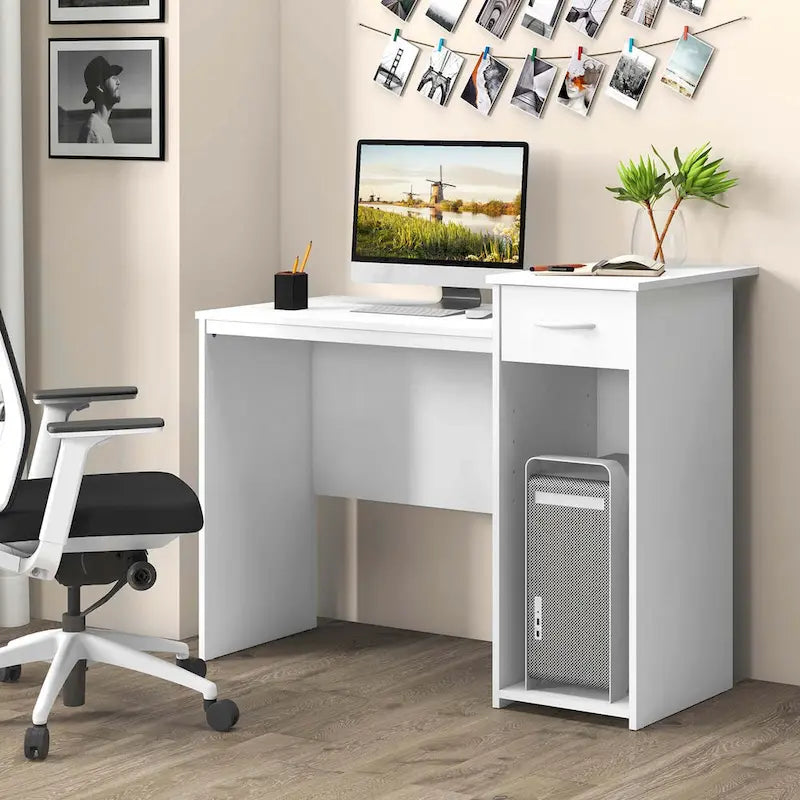 White MDF Computer Desk with Slide-Out Drawer, Adjustable Shelf and Cable Management for 1 Person
