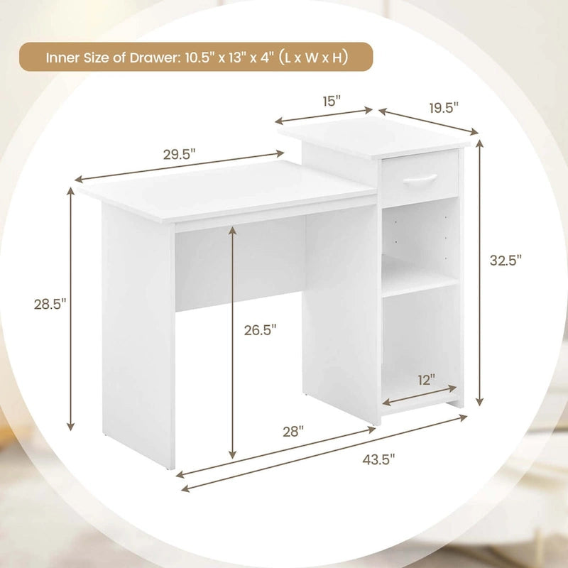 White MDF Computer Desk with Slide-Out Drawer, Adjustable Shelf and Cable Management for 1 Person