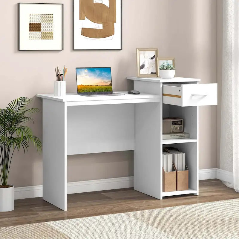 White MDF Computer Desk with Slide-Out Drawer, Adjustable Shelf and Cable Management for 1 Person
