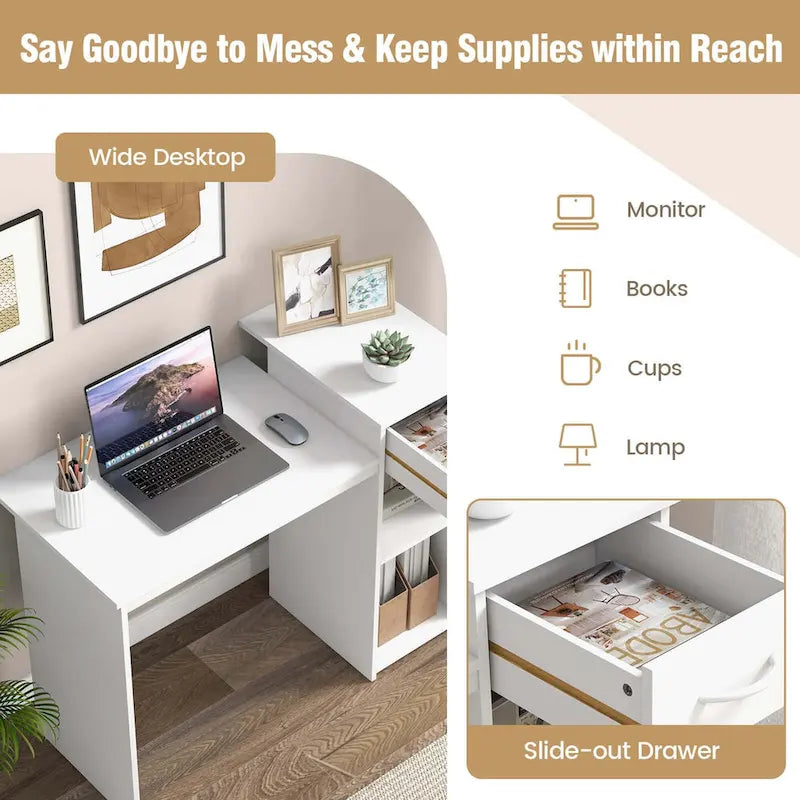 White MDF Computer Desk with Slide-Out Drawer, Adjustable Shelf and Cable Management for 1 Person