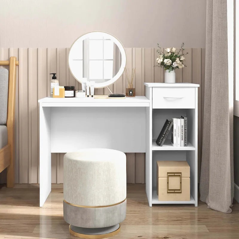 White MDF Computer Desk with Slide-Out Drawer, Adjustable Shelf and Cable Management for 1 Person