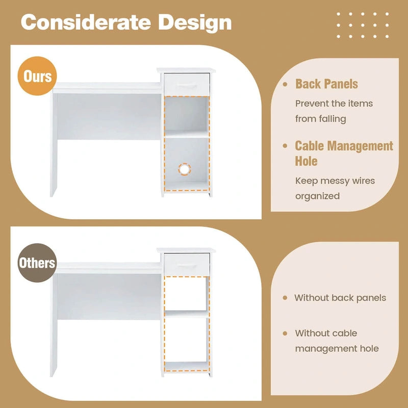 White MDF Computer Desk with Slide-Out Drawer, Adjustable Shelf and Cable Management for 1 Person