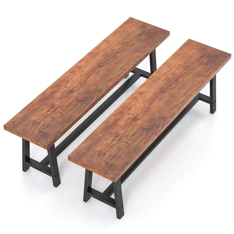 Walnut & Black Farmhouse Dining Bench with H-Frame Metal Legs for 3 Person, 60"
