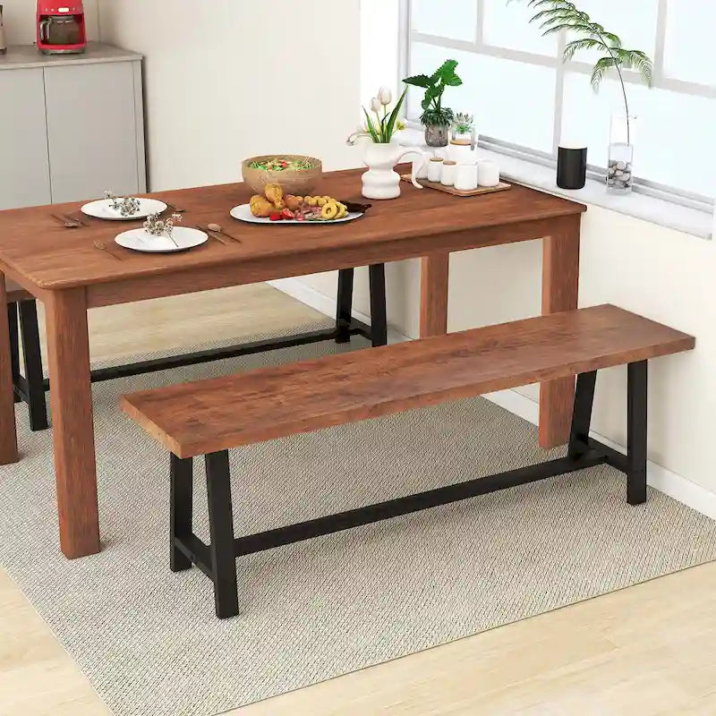 Walnut & Black Farmhouse Dining Bench with H-Frame Metal Legs for 3 Person, 60"