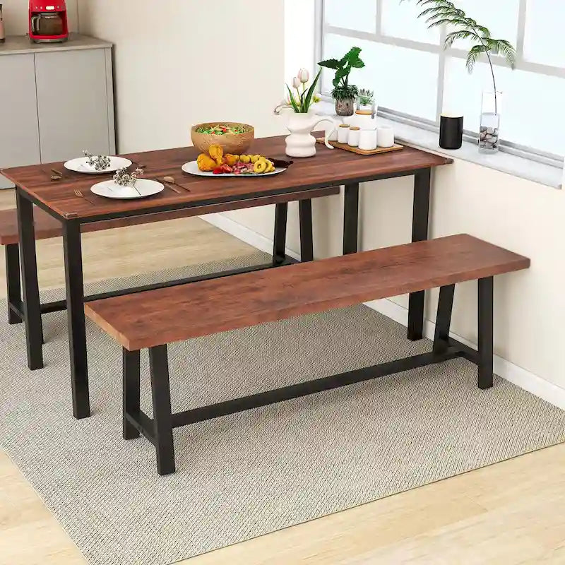 Walnut & Black Farmhouse Dining Bench with H-Frame Metal Legs for 3 Person, 60"