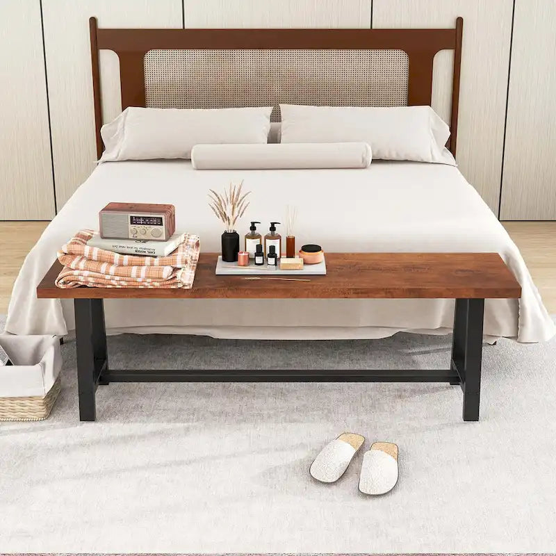 Walnut & Black Farmhouse Dining Bench with H-Frame Metal Legs for 3 Person, 60"